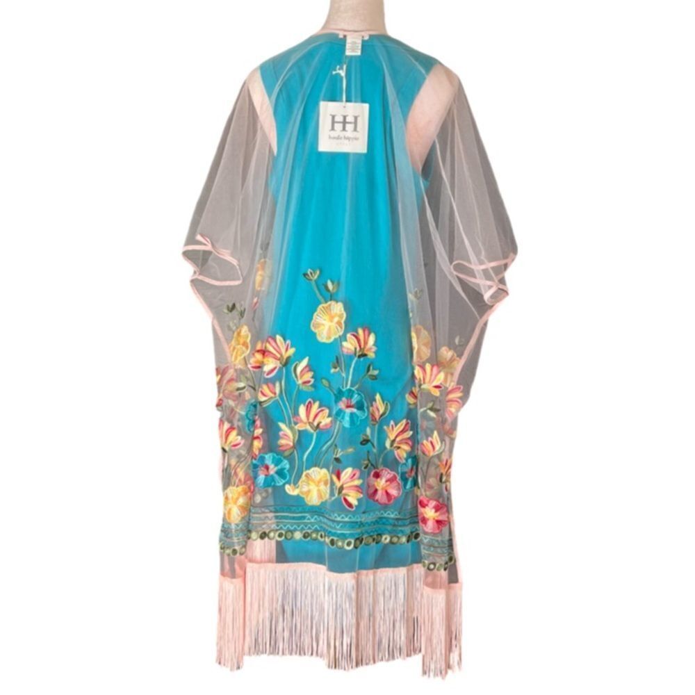 Haute Hippie Pink Mesh Floral Embroidered Fringe Boho, Festival Kimono, OS. NWT! - Picture 8 of 16